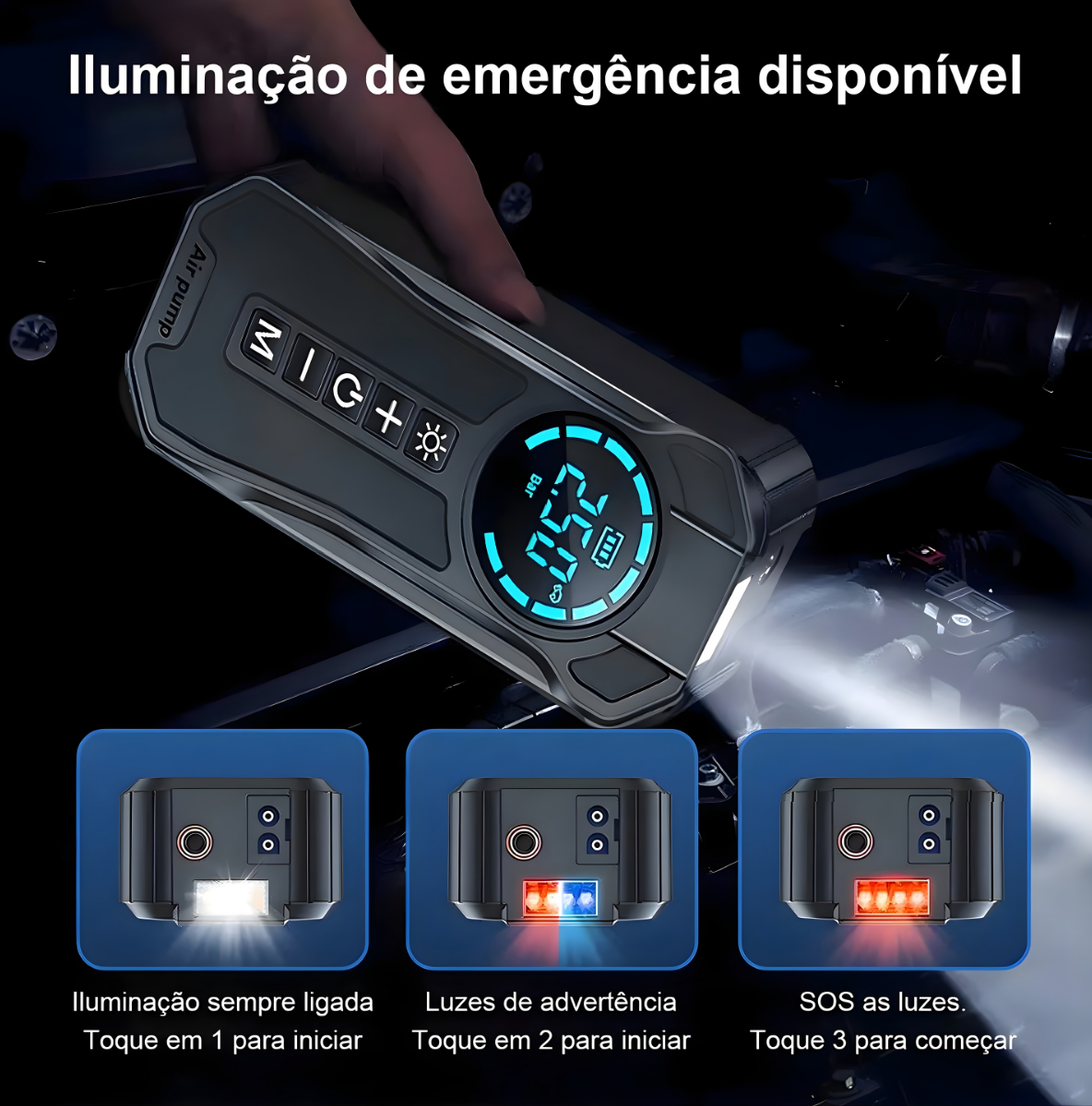 Auxiliar de Partida 4 em 1 Portátil – Liga Seu Carro em Segundos + Calibrador + Power Bank + Lanterna [FRETE GRÁTIS]