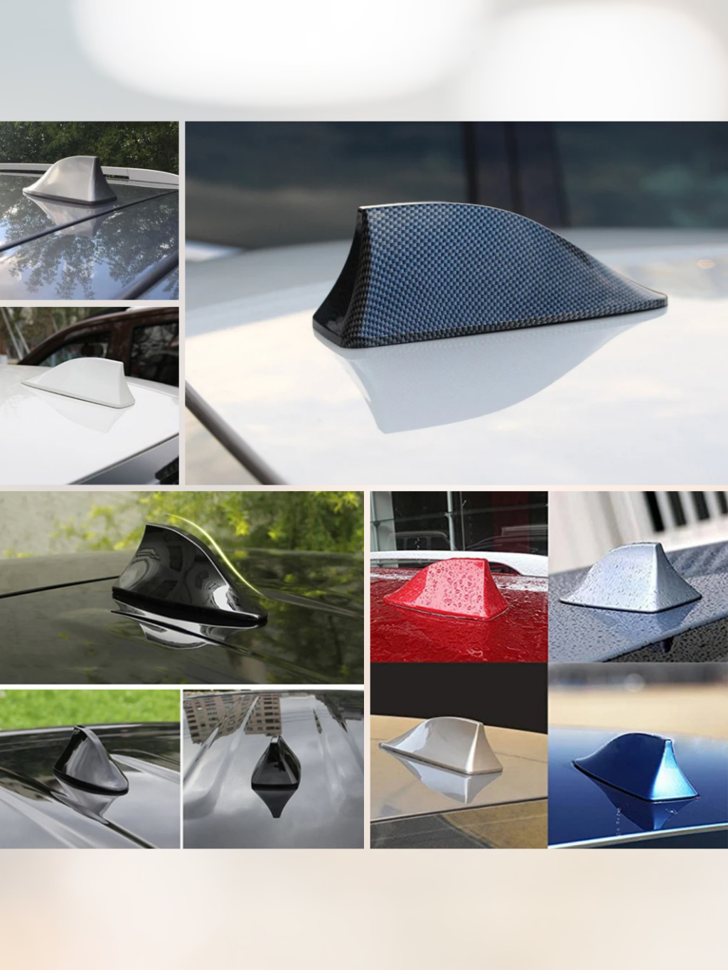 Antena Veículo Automotivo Shark Tipo Barbatana Tubarão Universal Esportiva Funcional Recepção Rádio Sinal AM FM Teto Carro Universal Cores Preto Branco Carbono Style Cinza Prata Vermelho Dourado Azul