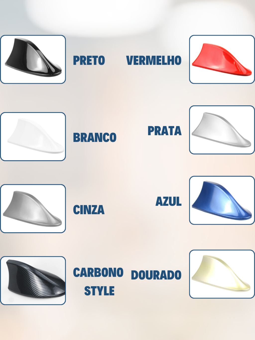 Antena Veículo Automotivo Shark Tipo Barbatana Tubarão Universal Esportiva Funcional Recepção Rádio Sinal AM FM Teto Carro Universal Cores Preto Branco Carbono Style Cinza Prata Vermelho Dourado Azul